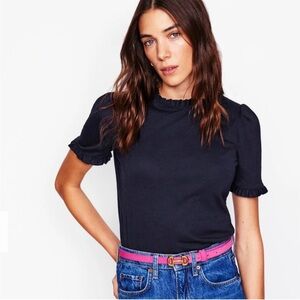 Boden Supersoft Frill Detail Puffed Shoulder Short Sleeve T-Shirt in Navy Blue